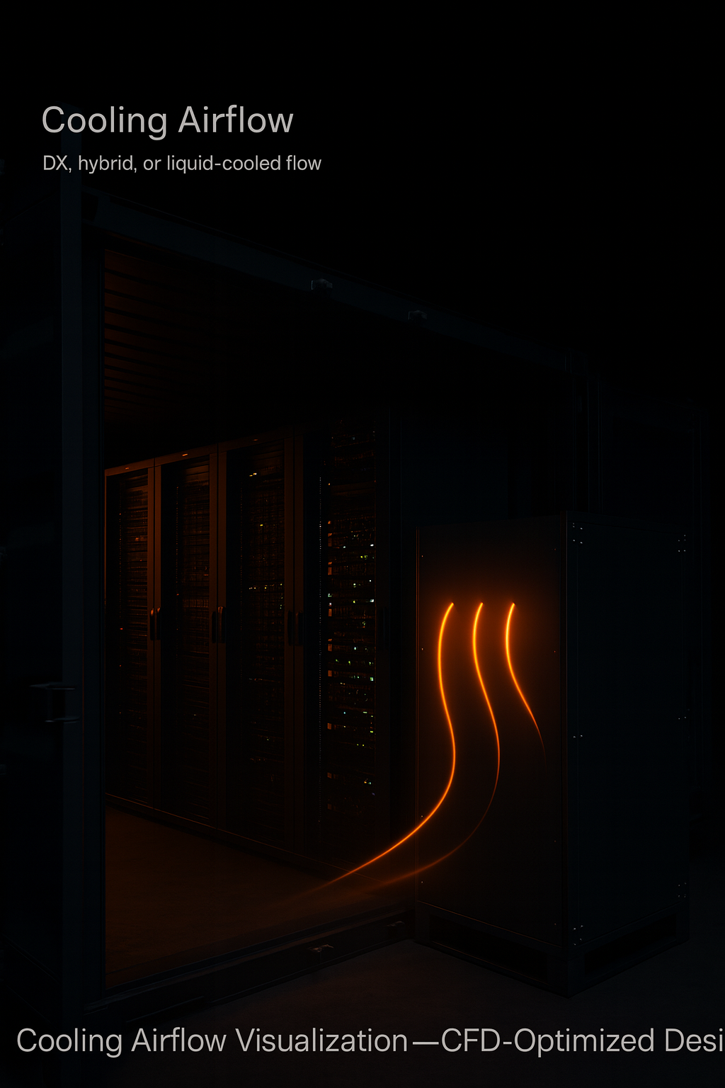 CFD-optimized airflow design adaptable to DX, hybrid, or liquid cooling