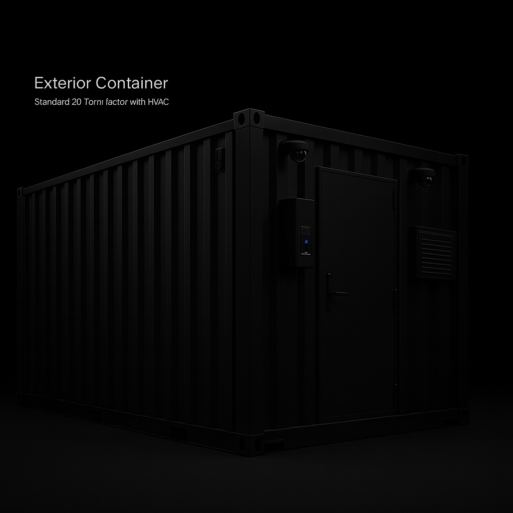 ISO shipping container form factor with roof-mounted HVAC integration
